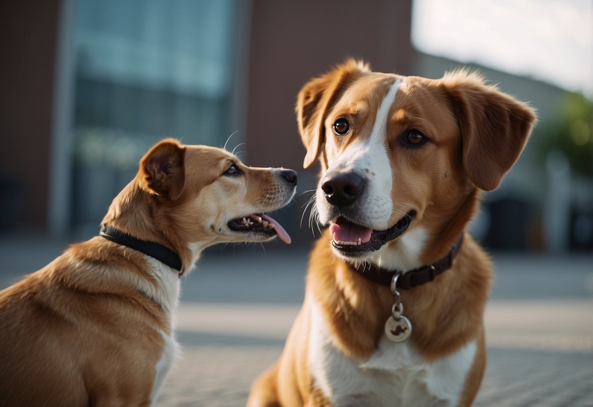 A dog sits calmly, making eye contact with a person. The person holds out a treat, and the dog's body language shows trust and willingness to engage