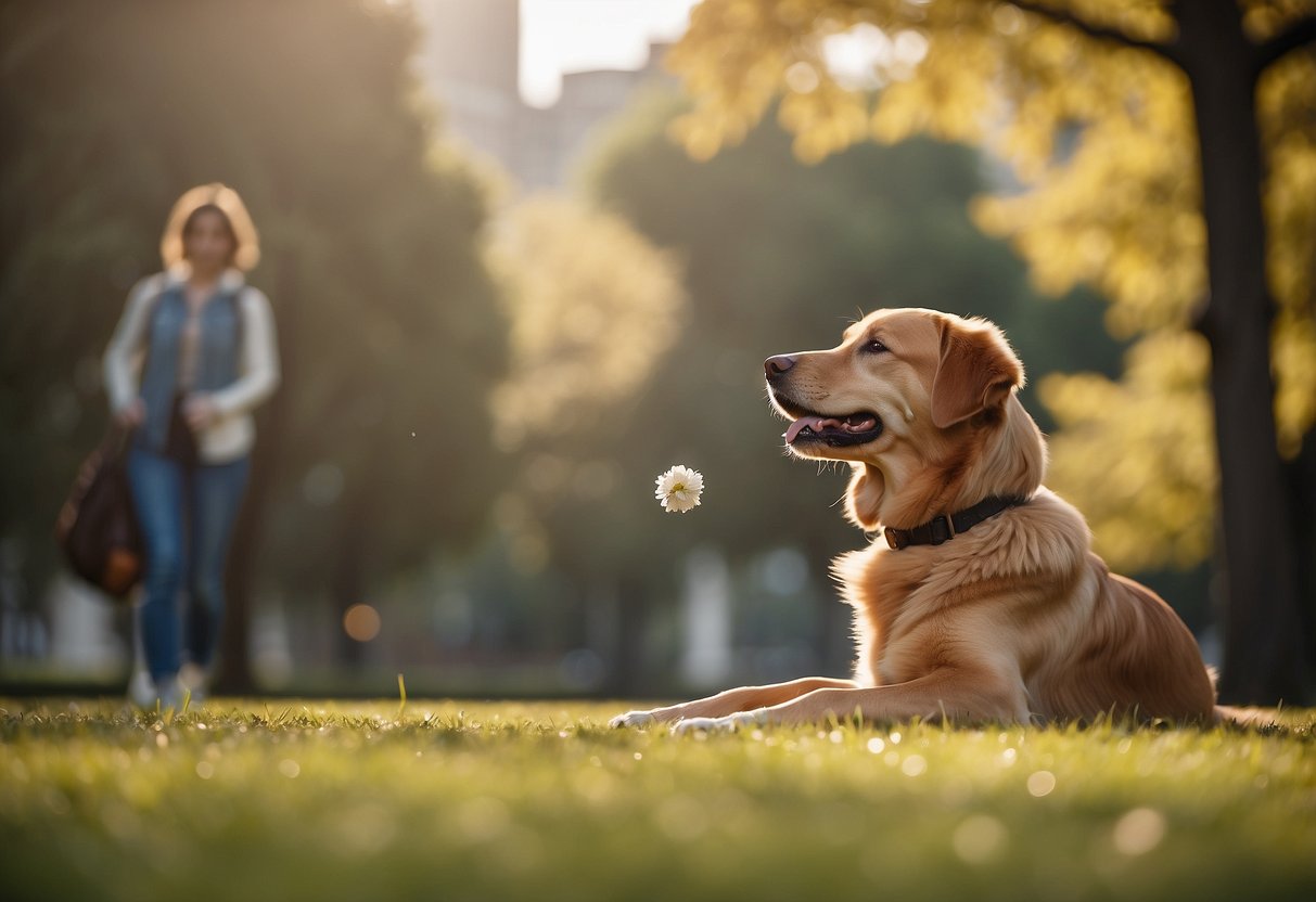 A dog and its owner relax in a quiet park, playing fetch and enjoying each other's company. The dog looks up at the owner with trust and contentment