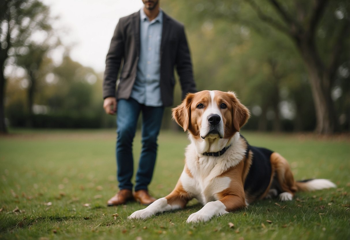 A newly adopted dog sits calmly beside their owner, making eye contact and leaning in for a gentle pet. The owner's relaxed posture and soft smile convey a sense of trust and connection