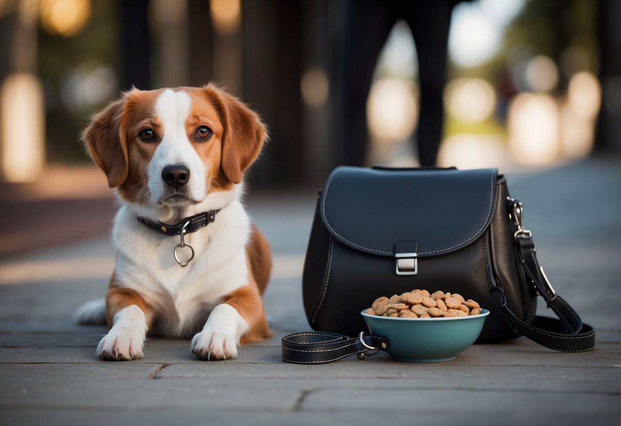 A dog sitting on a leash, a collar, and a pet carrier on the floor. A bowl of water and a bag of treats nearby