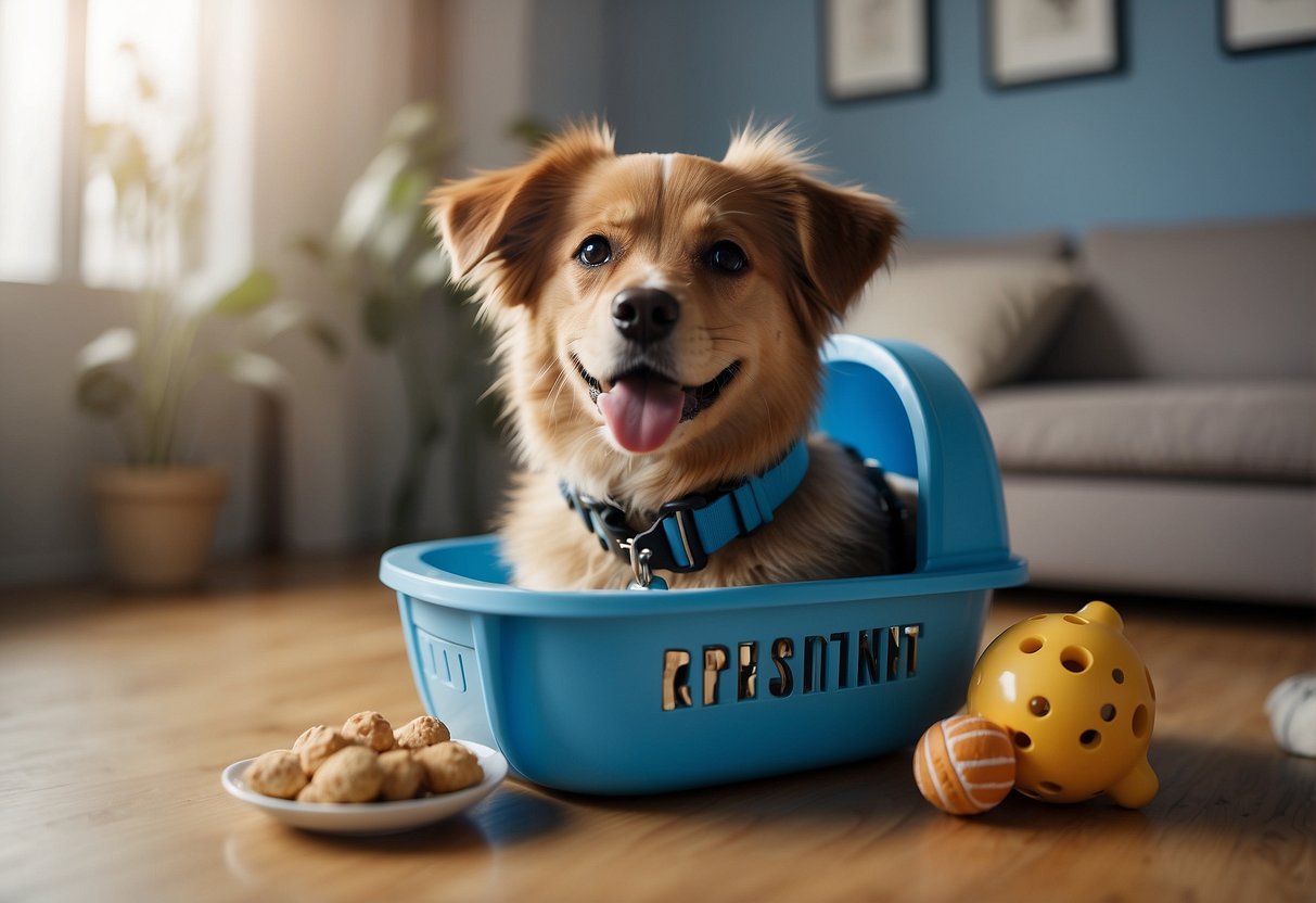 A dog sitting in a carrier with a leash attached, surrounded by a water bowl, treats, and a favorite toy. A calendar on the wall shows the date of the appointment