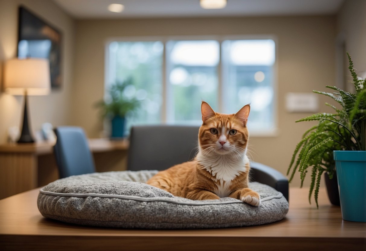 A veterinary clinic waiting room with a cozy pet bed, toys, and water bowl. A friendly receptionist at the front desk. Posters on the wall about pet health and wellness