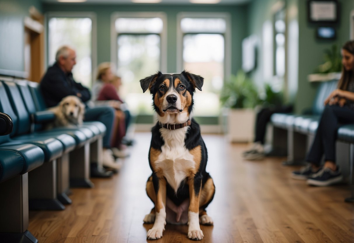 A dog sits nervously in a waiting room, surrounded by other pets and their owners. The vet's office is bright and clean, with a friendly receptionist at the front desk