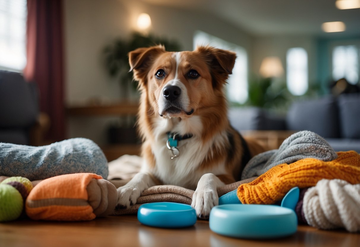 A dog sits nervously in a waiting room, surrounded by comforting toys and a cozy blanket. The vet approaches with a gentle smile, ready to ease the dog's anxiety