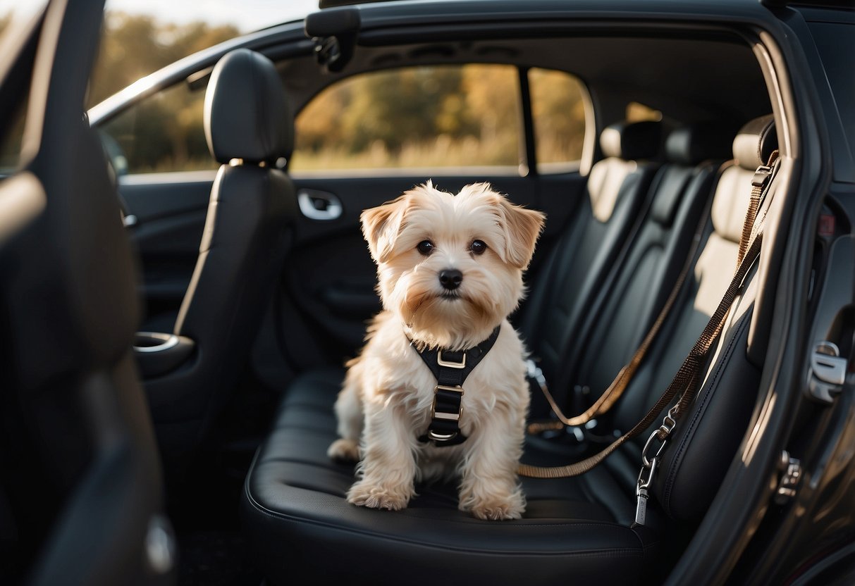 A car with an open rear door, a dog harness and leash laid out, a water bowl, and a toy on the seat