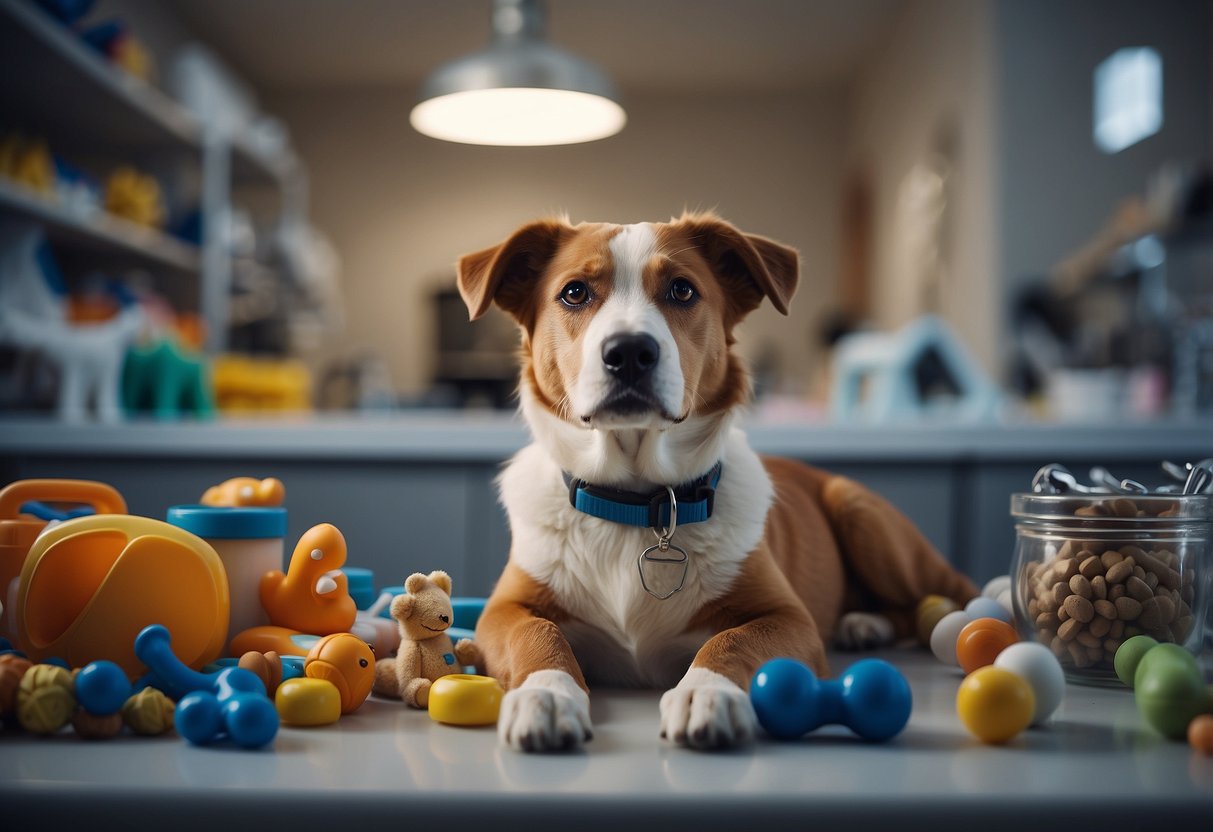 A new dog sits calmly as a vet examines it, surrounded by toys and treats. An owner takes notes and asks questions, showing care and preparation