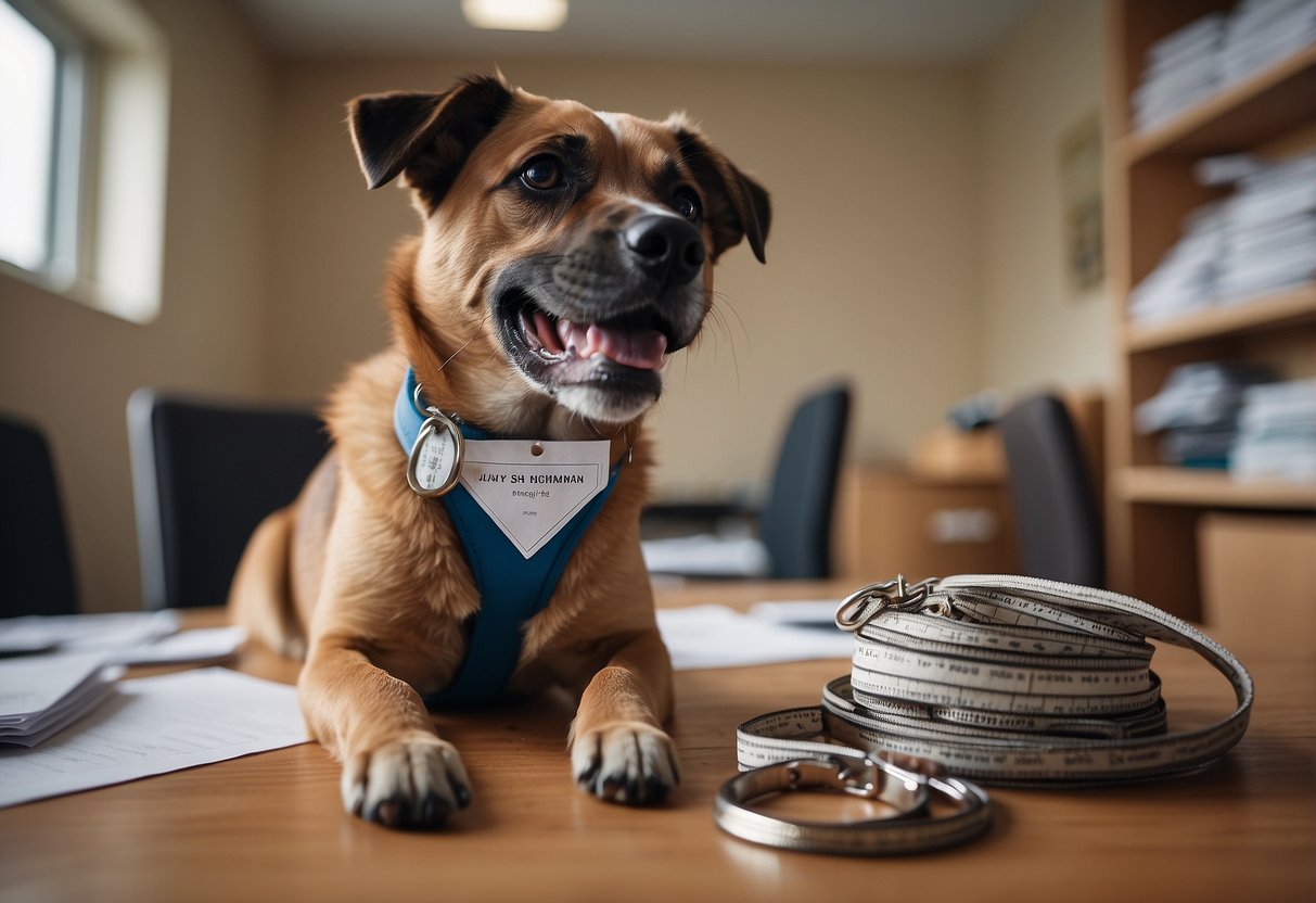 A dog sits nervously on a leash, surrounded by a stack of paperwork and a new collar. A calendar on the wall marks the date of the upcoming vet visit